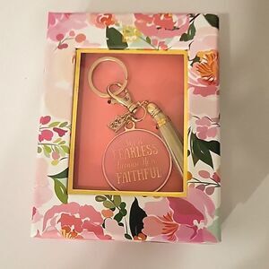 MARY SQUARE She Is Fearless Because He Is Faithful Keychain NWT  Pink